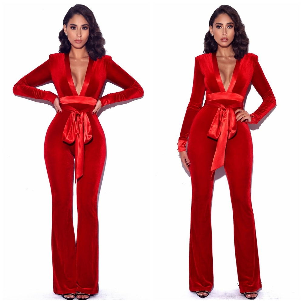 NEW Glorious Red Long Sleeve Velvet Jumpsuit